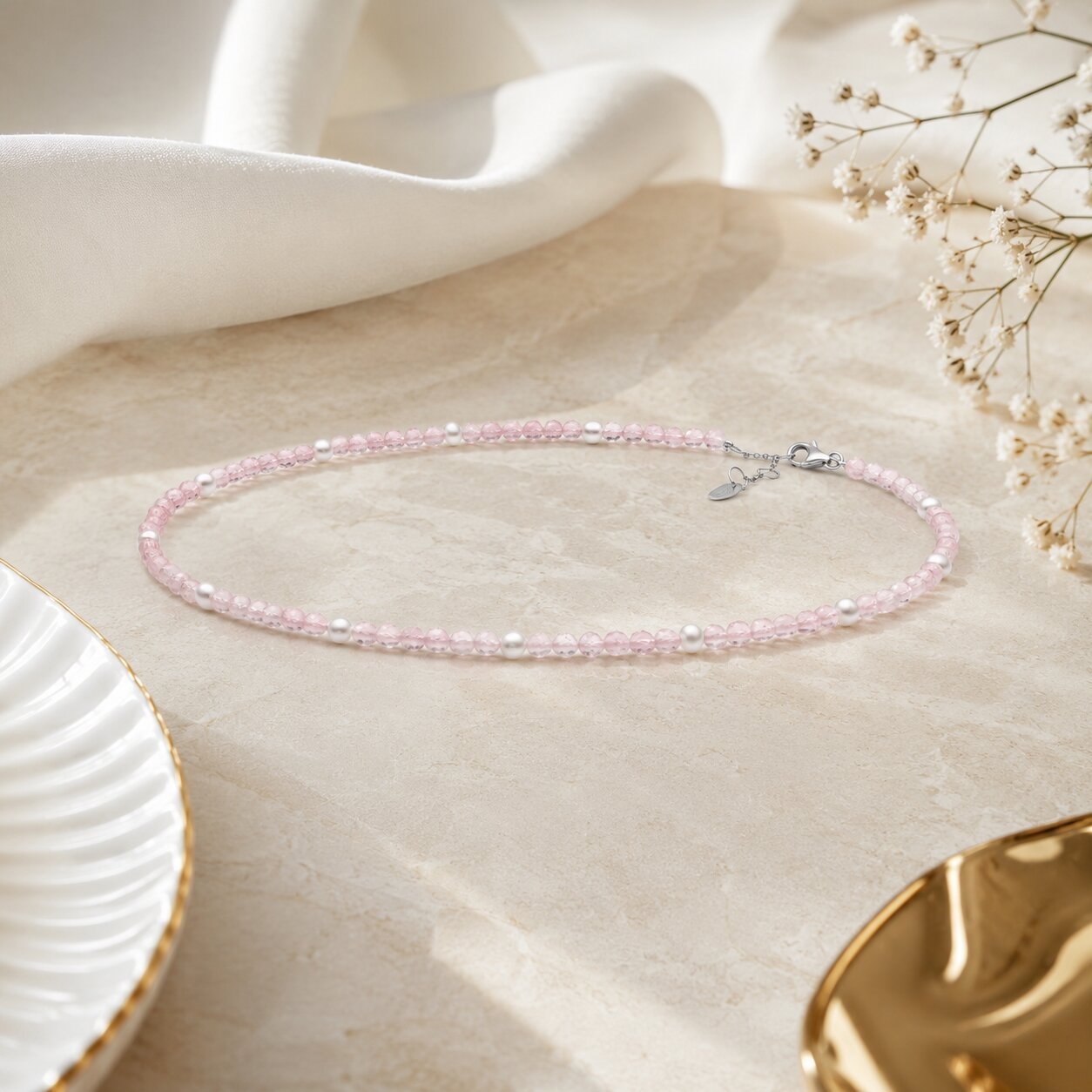 Gaura Pearls Rózsakvarc Nyaklánc Édesvízi gyönggyel Ródiumozott 925 Ezüsttel - Image 2